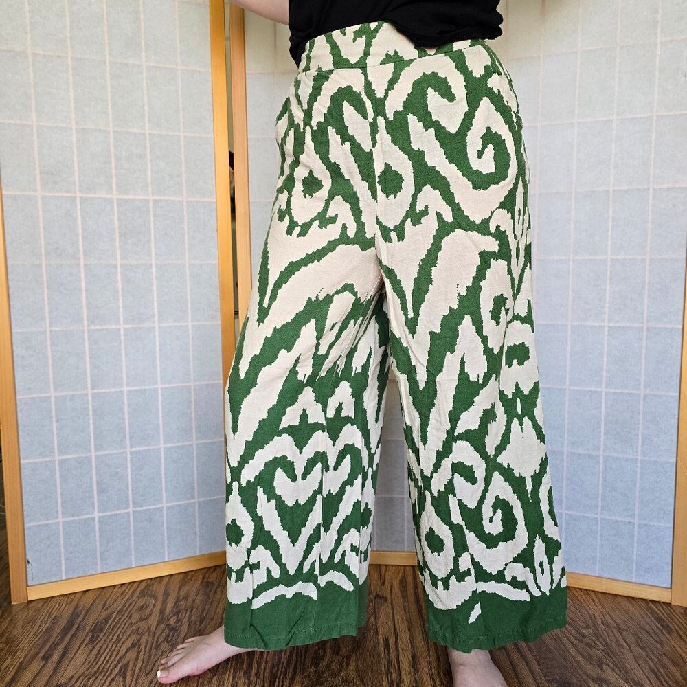 Rachel Zoe Wide Leg Boho Cropped Linen Pants EUC- Women's Size M - Green/Cream